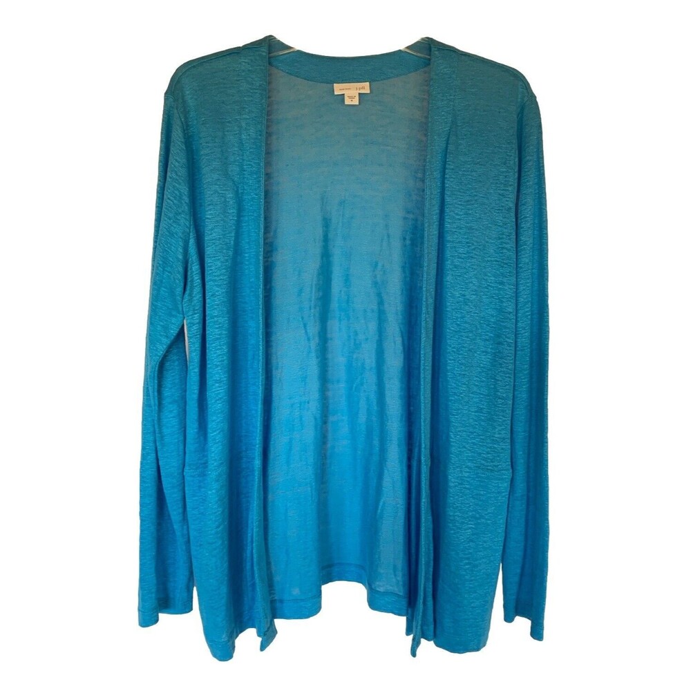 J Jill Love Linen Cardigan Aqua Blue Open Front Sweater Medium Resort Beach